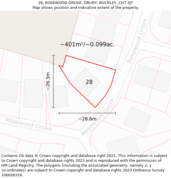 28, ROSEWOOD GROVE, DRURY, BUCKLEY, CH7 3JT: Plot and title map