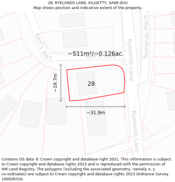 28, RYELANDS LANE, KILGETTY, SA68 0UU: Plot and title map