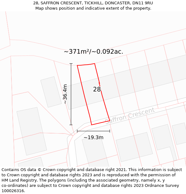 28, SAFFRON CRESCENT, TICKHILL, DONCASTER, DN11 9RU: Plot and title map