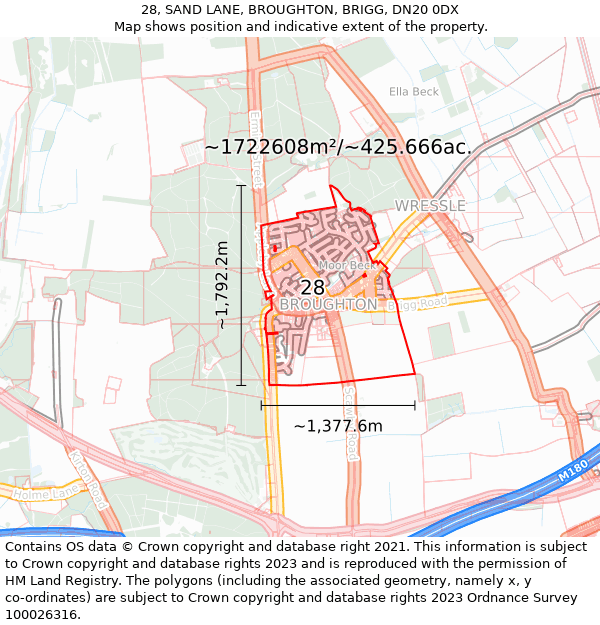 28, SAND LANE, BROUGHTON, BRIGG, DN20 0DX: Plot and title map