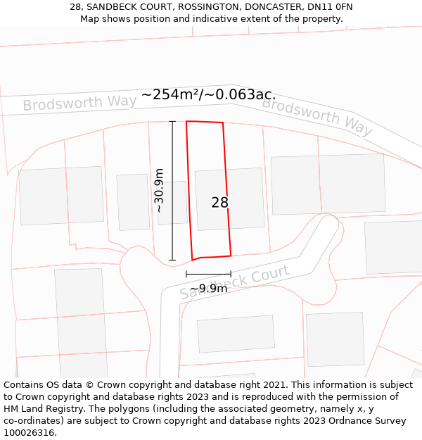 28, SANDBECK COURT, ROSSINGTON, DONCASTER, DN11 0FN: Plot and title map