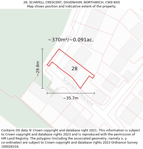 28, SCARFELL CRESCENT, DAVENHAM, NORTHWICH, CW9 8XD: Plot and title map