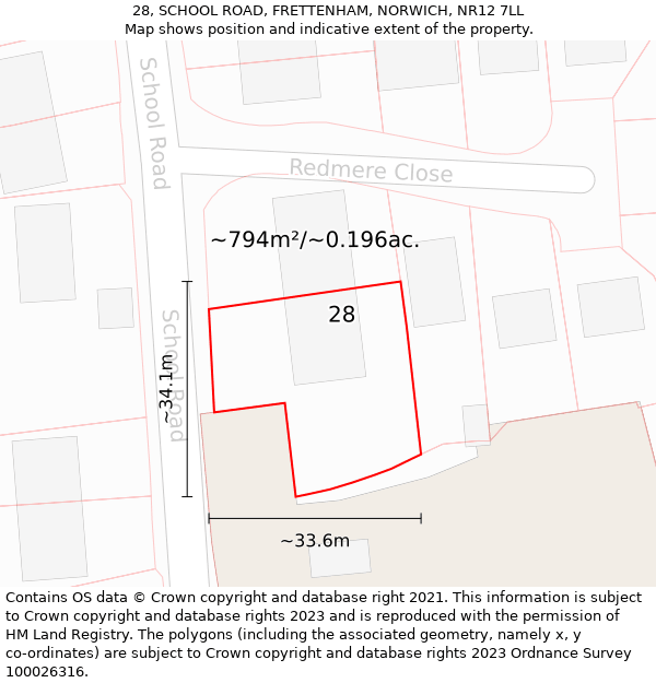 28, SCHOOL ROAD, FRETTENHAM, NORWICH, NR12 7LL: Plot and title map