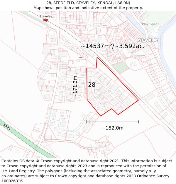 28, SEEDFIELD, STAVELEY, KENDAL, LA8 9NJ: Plot and title map