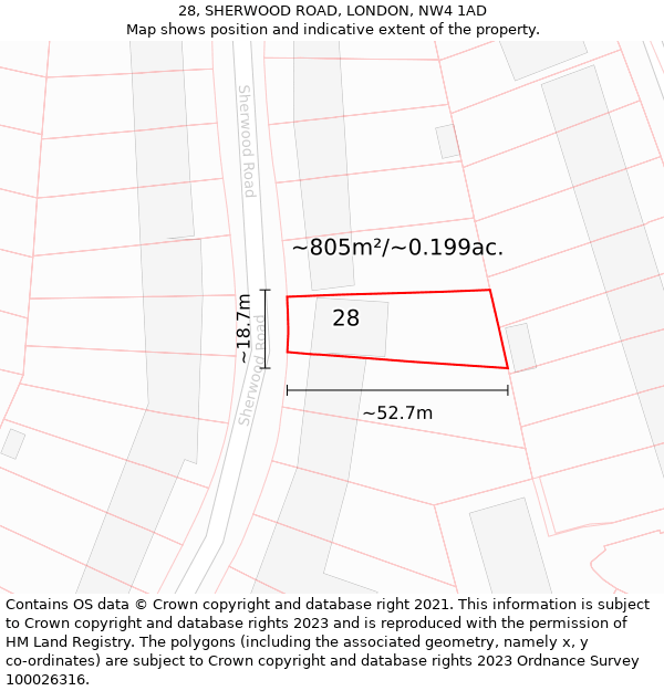 28, SHERWOOD ROAD, LONDON, NW4 1AD: Plot and title map