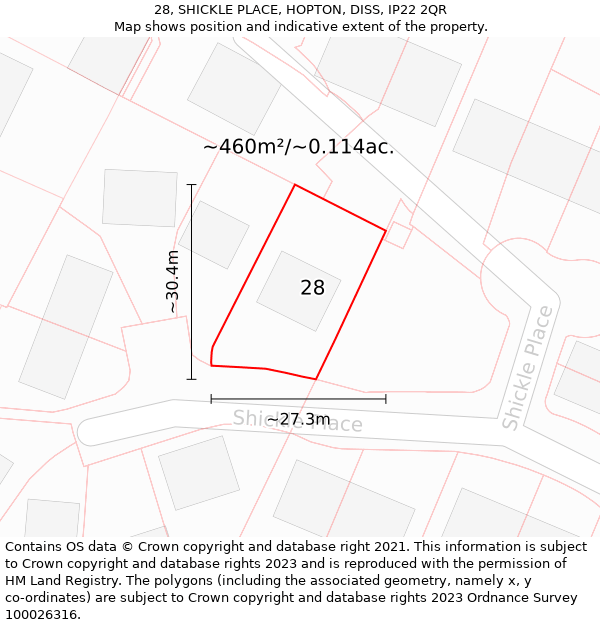 28, SHICKLE PLACE, HOPTON, DISS, IP22 2QR: Plot and title map