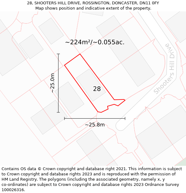 28, SHOOTERS HILL DRIVE, ROSSINGTON, DONCASTER, DN11 0FY: Plot and title map