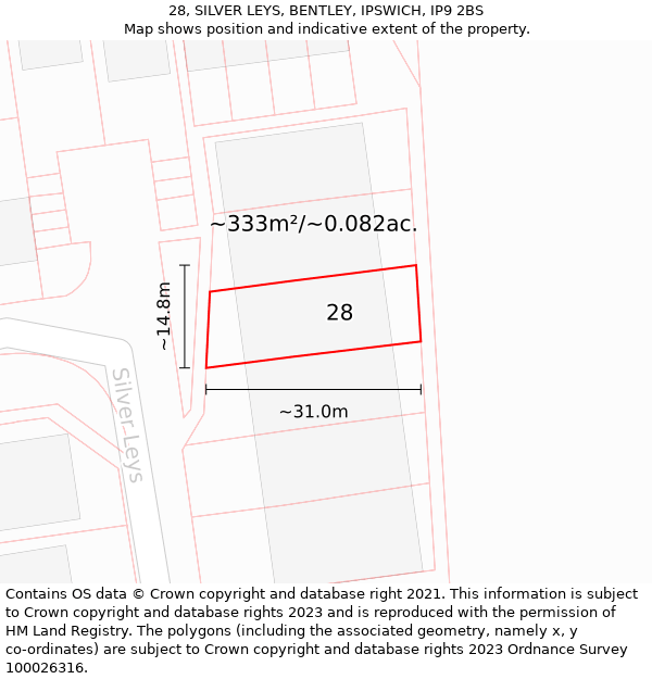 28, SILVER LEYS, BENTLEY, IPSWICH, IP9 2BS: Plot and title map