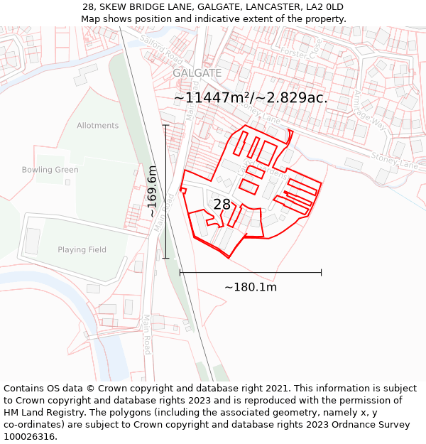 28, SKEW BRIDGE LANE, GALGATE, LANCASTER, LA2 0LD: Plot and title map