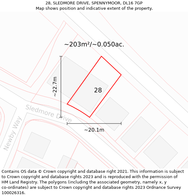 28, SLEDMORE DRIVE, SPENNYMOOR, DL16 7GP: Plot and title map