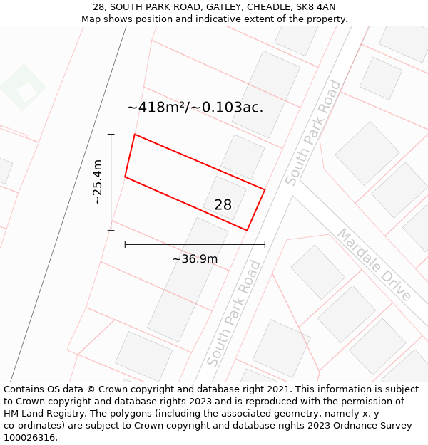 28, SOUTH PARK ROAD, GATLEY, CHEADLE, SK8 4AN: Plot and title map