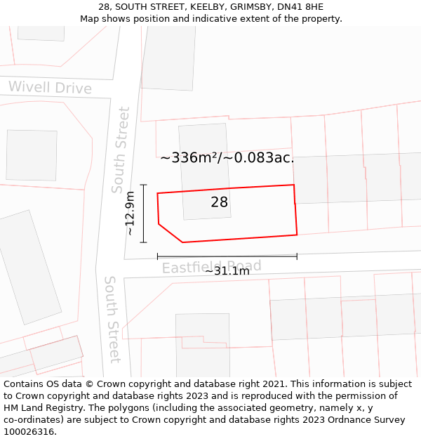 28, SOUTH STREET, KEELBY, GRIMSBY, DN41 8HE: Plot and title map