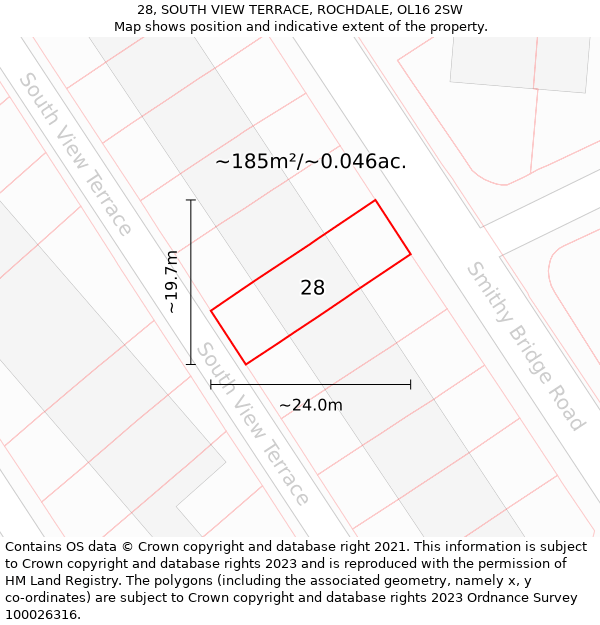 28, SOUTH VIEW TERRACE, ROCHDALE, OL16 2SW: Plot and title map