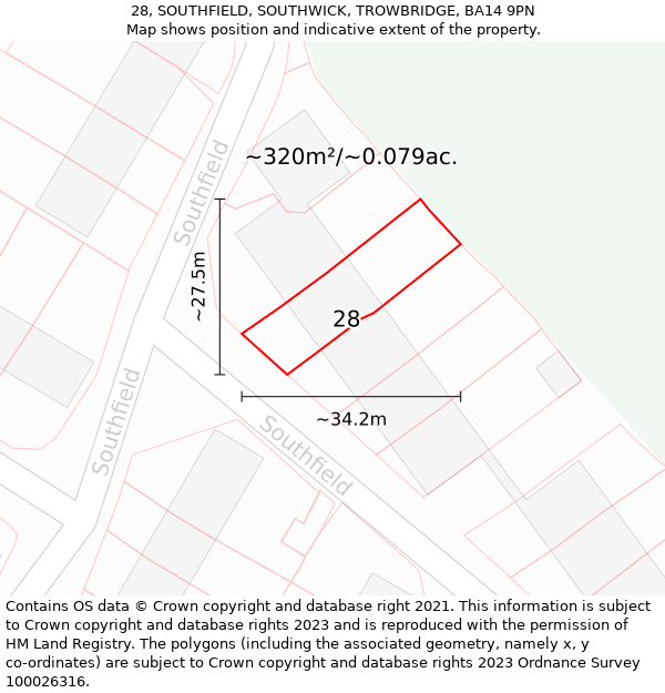 28, SOUTHFIELD, SOUTHWICK, TROWBRIDGE, BA14 9PN: Plot and title map