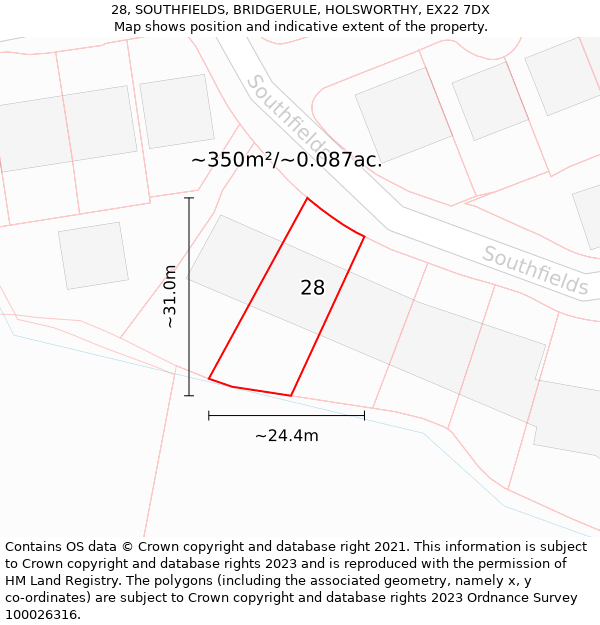 28, SOUTHFIELDS, BRIDGERULE, HOLSWORTHY, EX22 7DX: Plot and title map