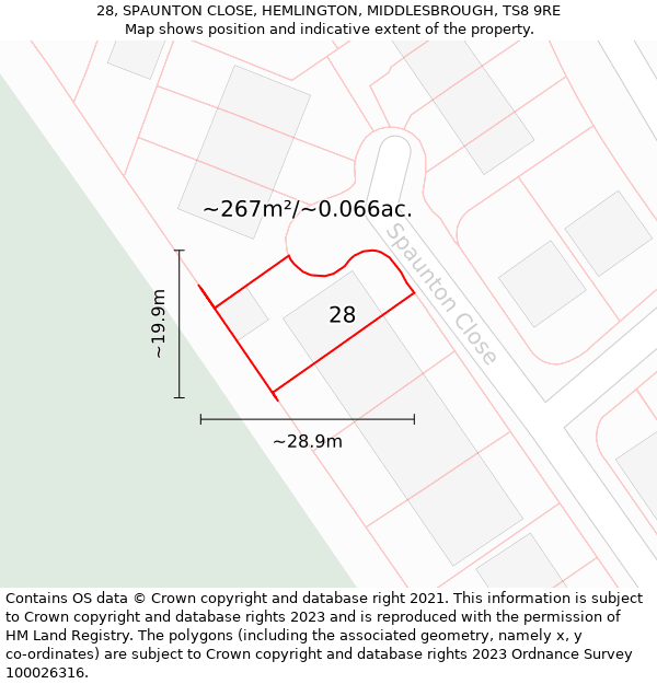 28, SPAUNTON CLOSE, HEMLINGTON, MIDDLESBROUGH, TS8 9RE: Plot and title map