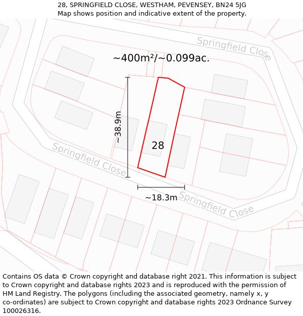 28, SPRINGFIELD CLOSE, WESTHAM, PEVENSEY, BN24 5JG: Plot and title map