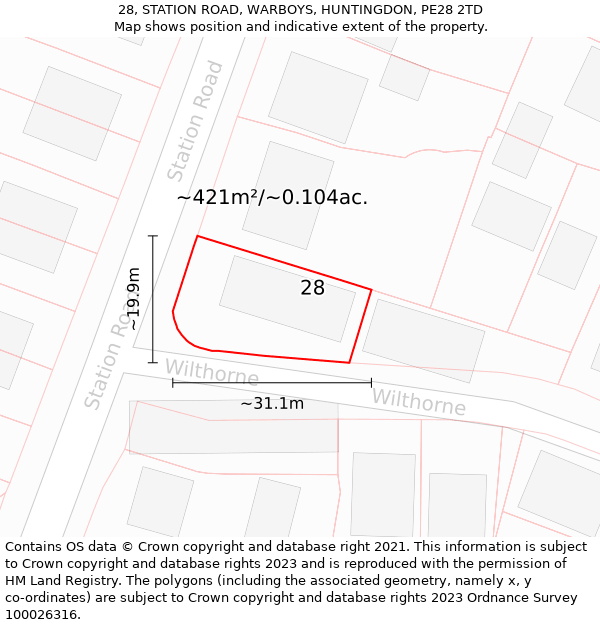 28, STATION ROAD, WARBOYS, HUNTINGDON, PE28 2TD: Plot and title map