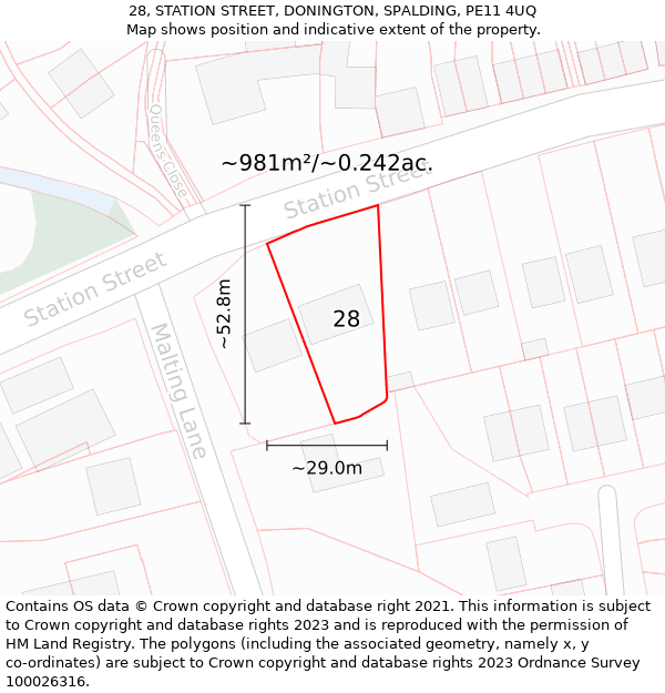 28, STATION STREET, DONINGTON, SPALDING, PE11 4UQ: Plot and title map