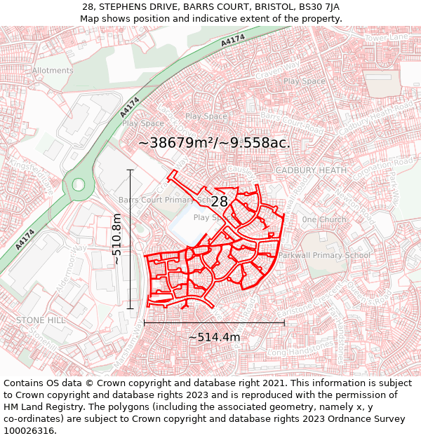 28, STEPHENS DRIVE, BARRS COURT, BRISTOL, BS30 7JA: Plot and title map