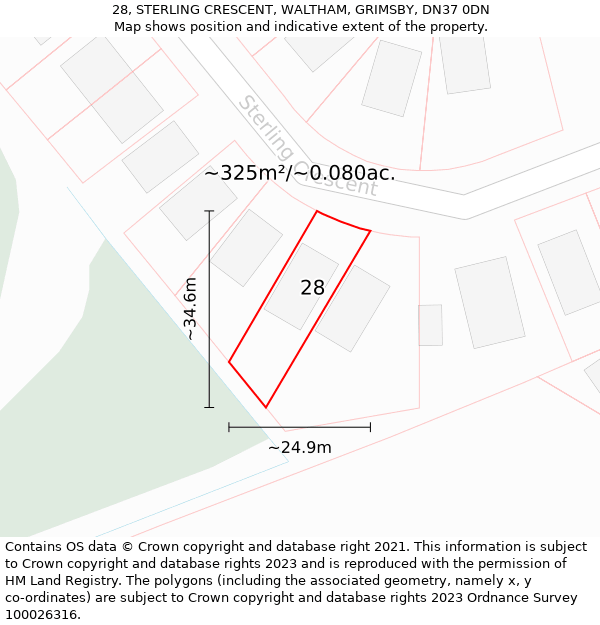 28, STERLING CRESCENT, WALTHAM, GRIMSBY, DN37 0DN: Plot and title map