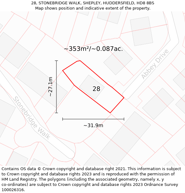 28, STONEBRIDGE WALK, SHEPLEY, HUDDERSFIELD, HD8 8BS: Plot and title map