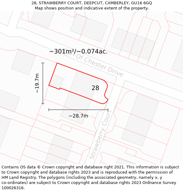 28, STRAWBERRY COURT, DEEPCUT, CAMBERLEY, GU16 6GQ: Plot and title map