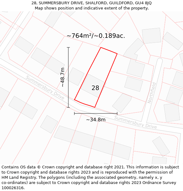 28, SUMMERSBURY DRIVE, SHALFORD, GUILDFORD, GU4 8JQ: Plot and title map