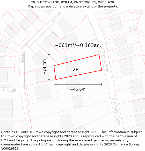 28, SUTTON LANE, BYRAM, KNOTTINGLEY, WF11 9DP: Plot and title map