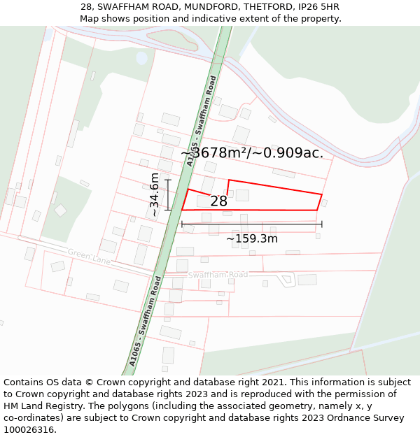 28, SWAFFHAM ROAD, MUNDFORD, THETFORD, IP26 5HR: Plot and title map