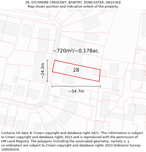 28, SYCAMORE CRESCENT, BAWTRY, DONCASTER, DN10 6LE: Plot and title map