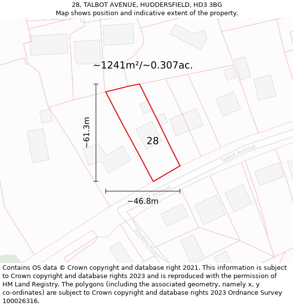 28, TALBOT AVENUE, HUDDERSFIELD, HD3 3BG: Plot and title map