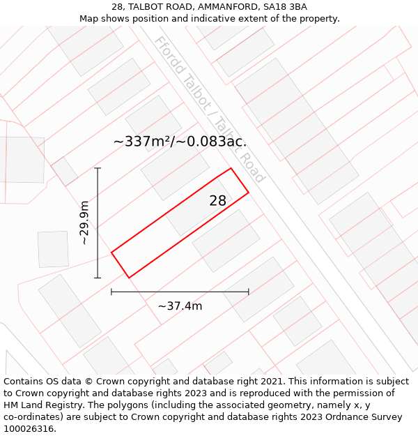 28, TALBOT ROAD, AMMANFORD, SA18 3BA: Plot and title map