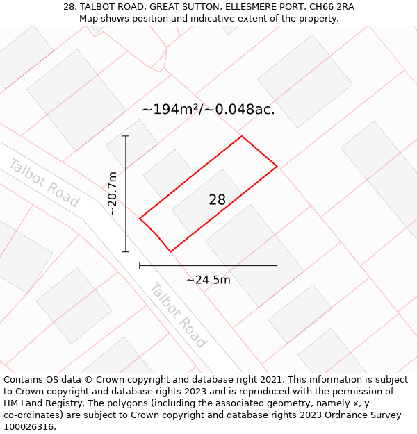 28, TALBOT ROAD, GREAT SUTTON, ELLESMERE PORT, CH66 2RA: Plot and title map