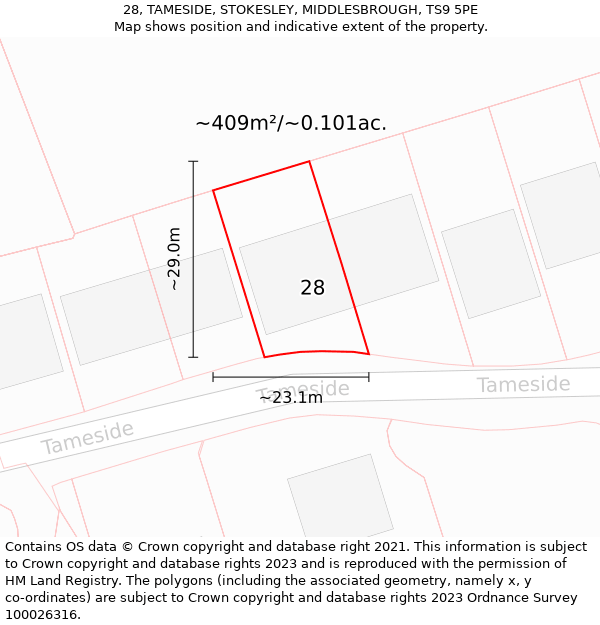 28, TAMESIDE, STOKESLEY, MIDDLESBROUGH, TS9 5PE: Plot and title map