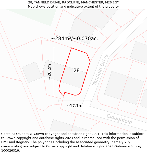 28, TANFIELD DRIVE, RADCLIFFE, MANCHESTER, M26 1GY: Plot and title map