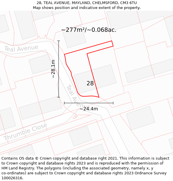 28, TEAL AVENUE, MAYLAND, CHELMSFORD, CM3 6TU: Plot and title map