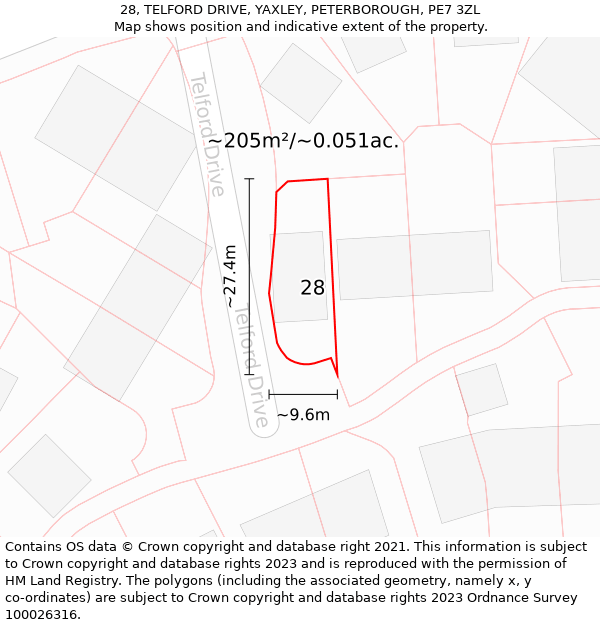 28, TELFORD DRIVE, YAXLEY, PETERBOROUGH, PE7 3ZL: Plot and title map