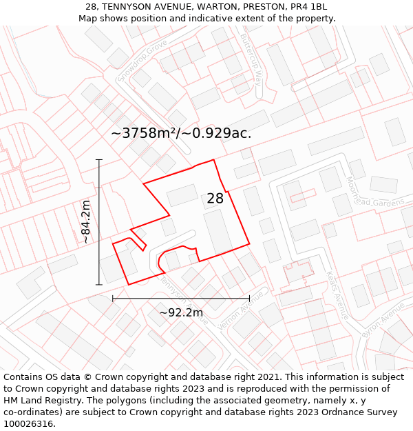 28, TENNYSON AVENUE, WARTON, PRESTON, PR4 1BL: Plot and title map