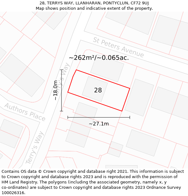 28, TERRYS WAY, LLANHARAN, PONTYCLUN, CF72 9UJ: Plot and title map