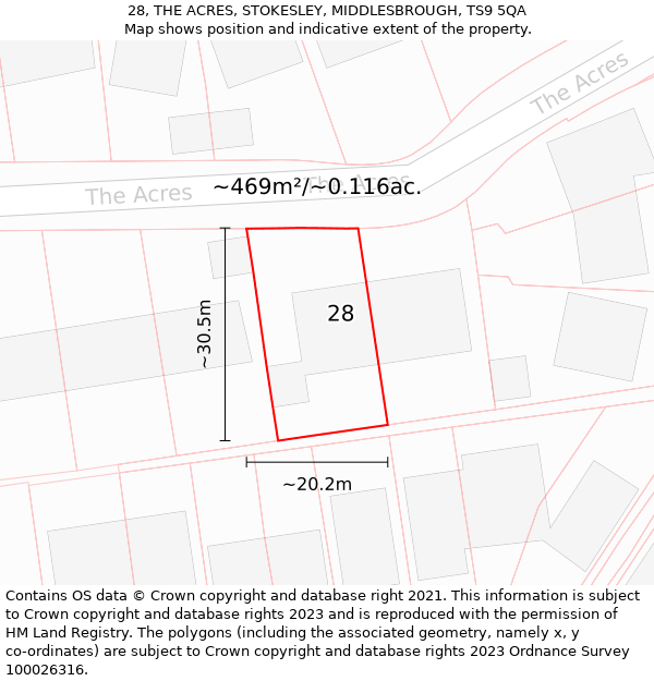 28, THE ACRES, STOKESLEY, MIDDLESBROUGH, TS9 5QA: Plot and title map