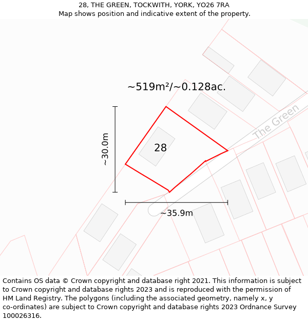 28, THE GREEN, TOCKWITH, YORK, YO26 7RA: Plot and title map