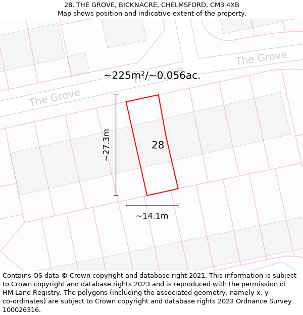 28, THE GROVE, BICKNACRE, CHELMSFORD, CM3 4XB: Plot and title map