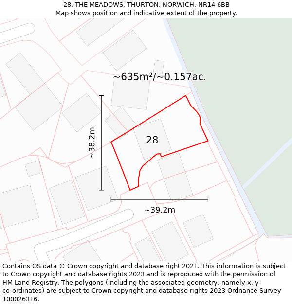 28, THE MEADOWS, THURTON, NORWICH, NR14 6BB: Plot and title map