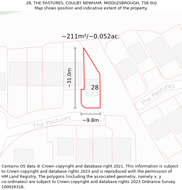 28, THE PASTURES, COULBY NEWHAM, MIDDLESBROUGH, TS8 0UJ: Plot and title map