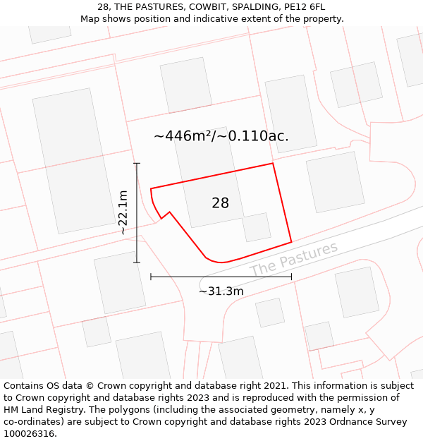 28, THE PASTURES, COWBIT, SPALDING, PE12 6FL: Plot and title map