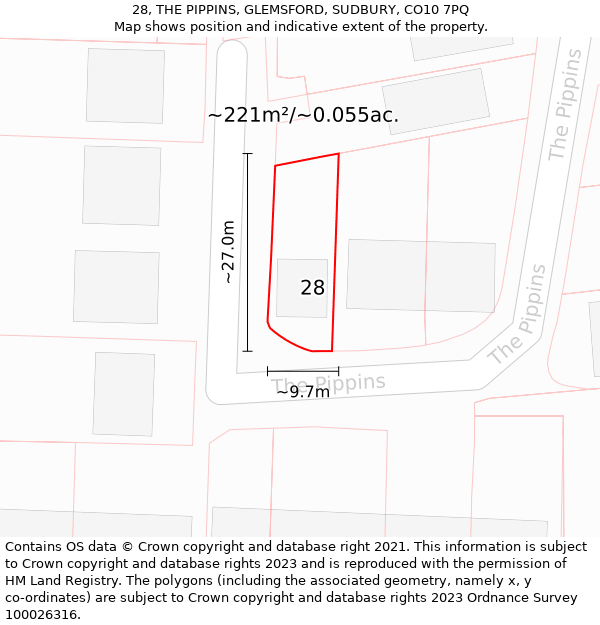 28, THE PIPPINS, GLEMSFORD, SUDBURY, CO10 7PQ: Plot and title map