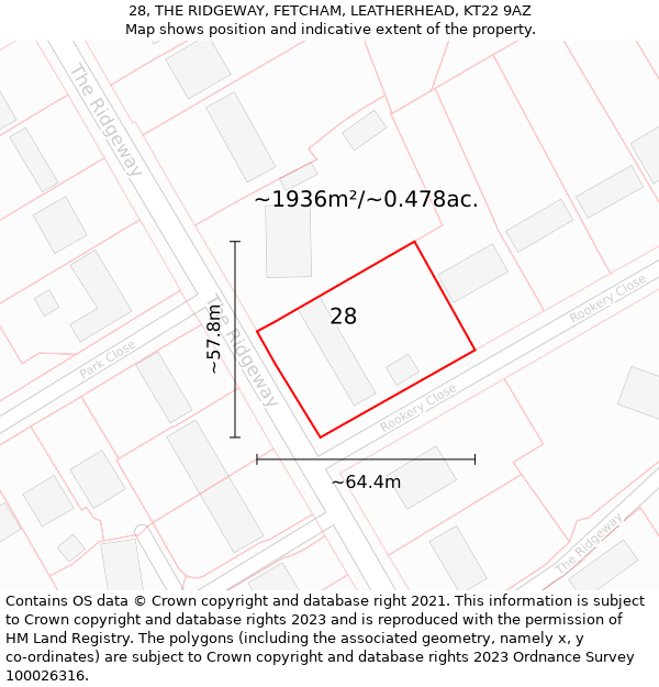 28, THE RIDGEWAY, FETCHAM, LEATHERHEAD, KT22 9AZ: Plot and title map