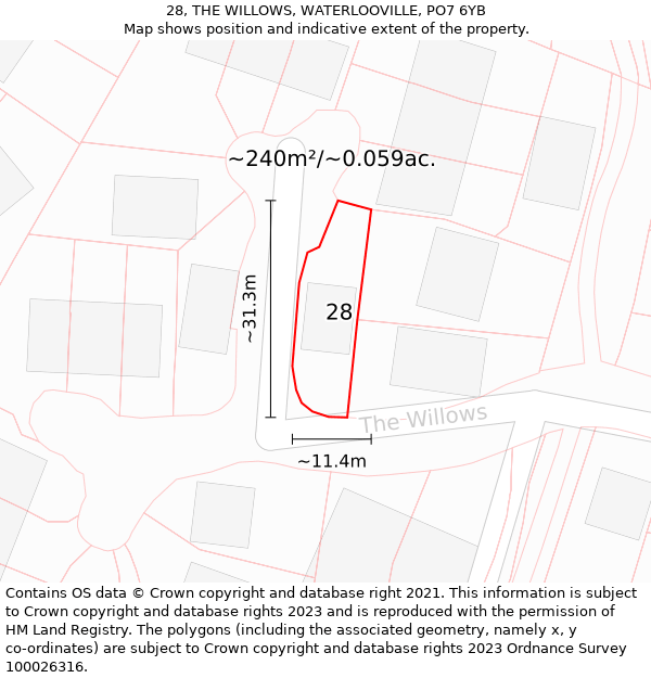 28, THE WILLOWS, WATERLOOVILLE, PO7 6YB: Plot and title map