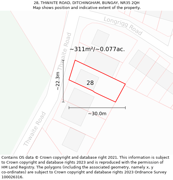 28, THWAITE ROAD, DITCHINGHAM, BUNGAY, NR35 2QH: Plot and title map